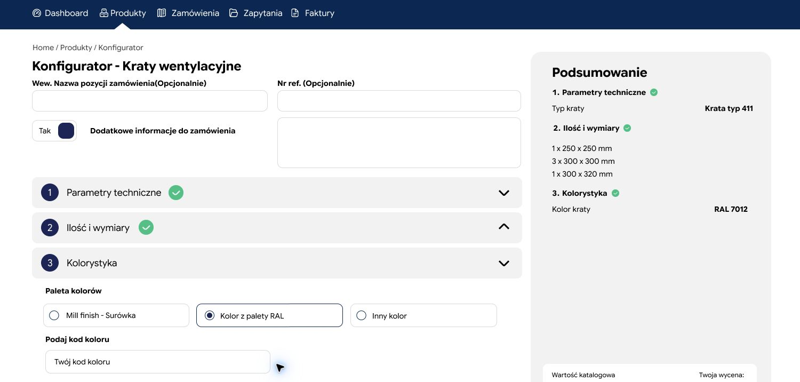 Profil-System: Konfigurator krat — wymiary i kolorystyka